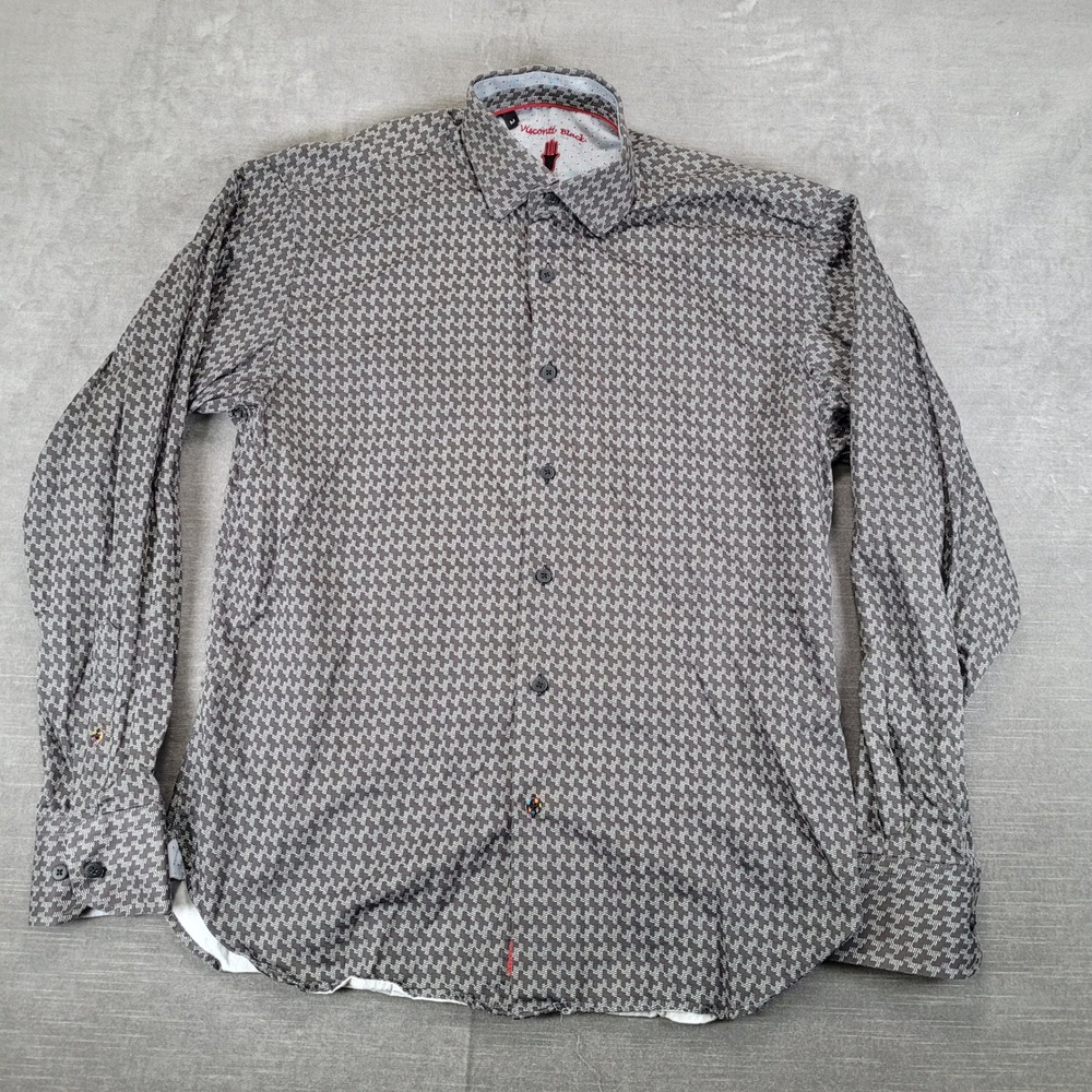 Visconti Black Mens Med Grey Geometric Houndstooth Long‎ Sleeve Button Up Shirt
